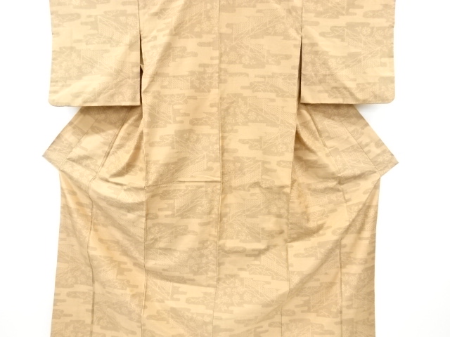 アンティーク　ヱ霞に草花模様織り出し十日町紬着物